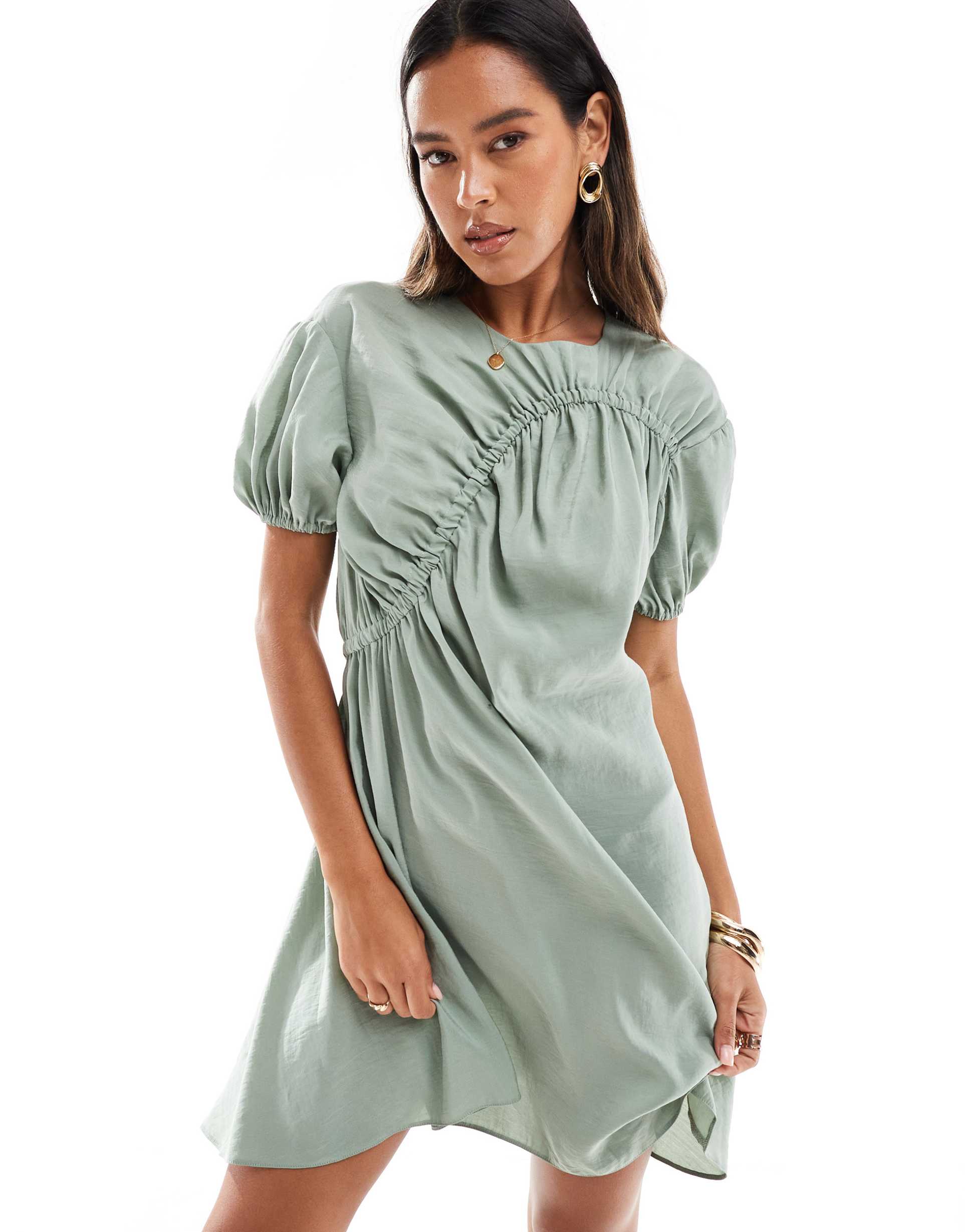 asos design cupro puff sleeve mini smock dress with ruching detail in sage green