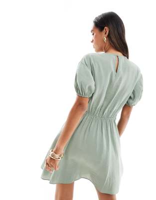 ASOS DESIGN cupro puff sleeve mini smock dress with ruching detail in sage  green | ASOS