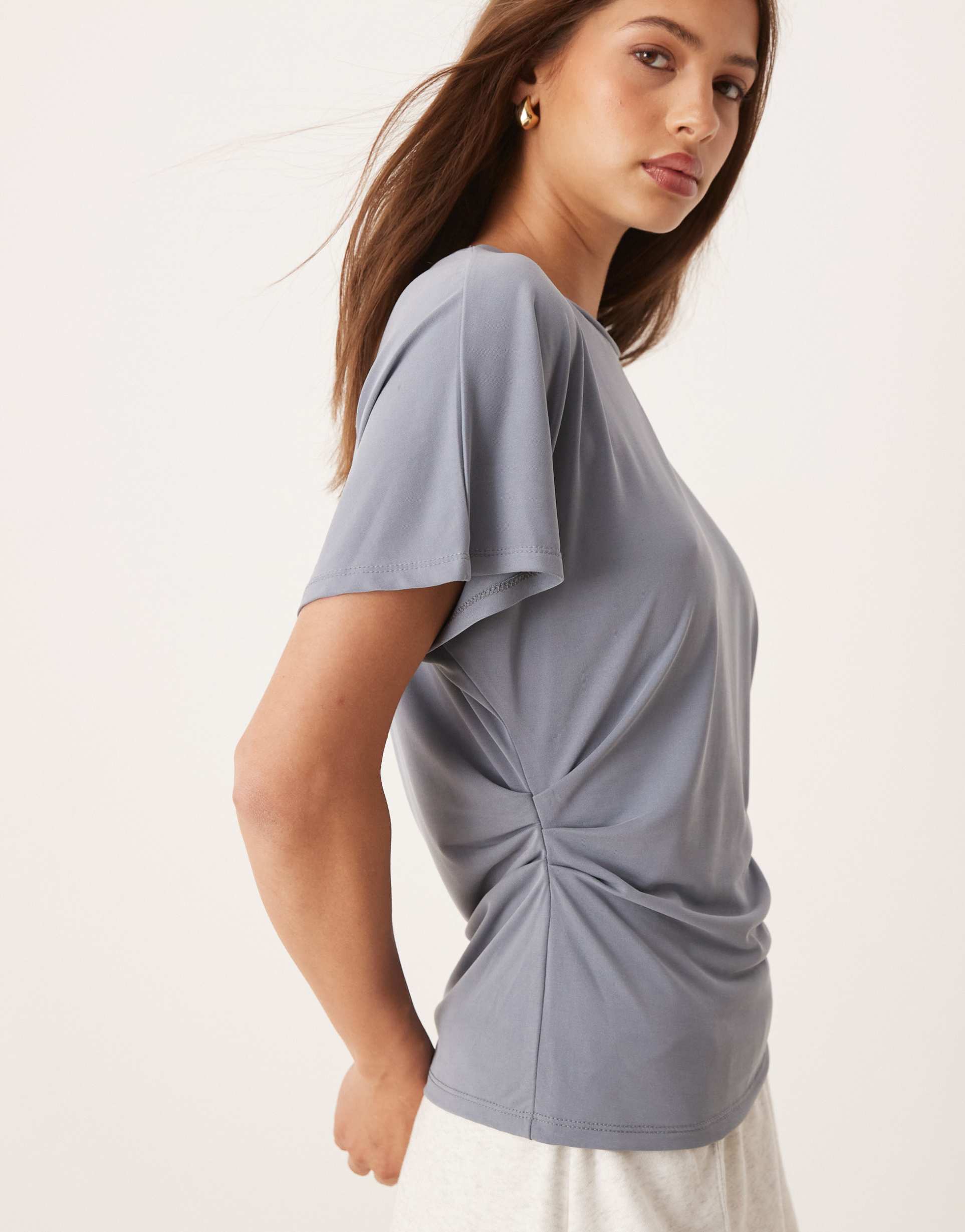 asos design cupro short sleeve side cinch t-shirt in dusky blue