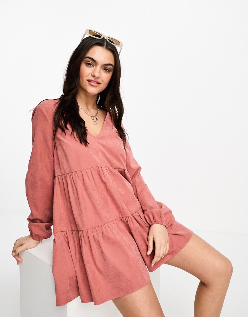 ASOS DESIGN cupro smock puff sleeve playsuit in rust-Red