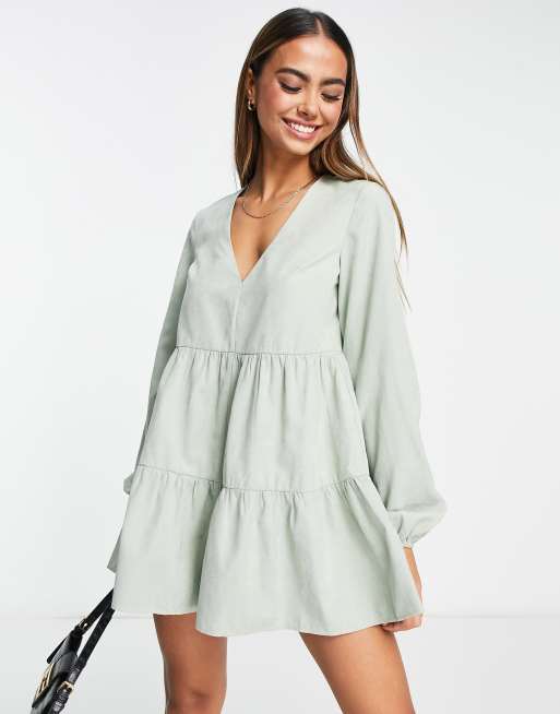 ASOS DESIGN cupro smock puff sleeve romper in sage