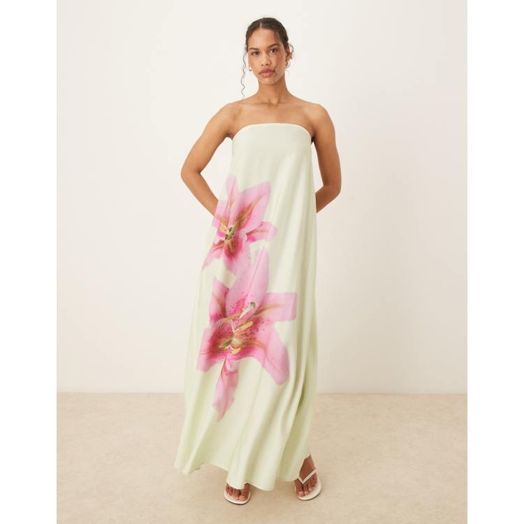 green emerald velvet dress Green Floral Print Deep V Neck Ruched Cinched Waist Maxi Dress S main image 1