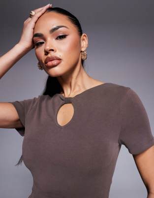 Asos Design Cupro T-shirt With Keyhole Detail In Chocolate - Part Of A Set-brown