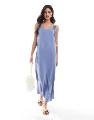Asos Design Cupro Tie Detail Strappy Cami Midi Dress In Icy Blue