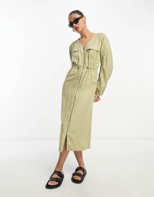 Asos Design Cupro Utility Midi Dress With Draw String And Pocket Detail In Sage-green