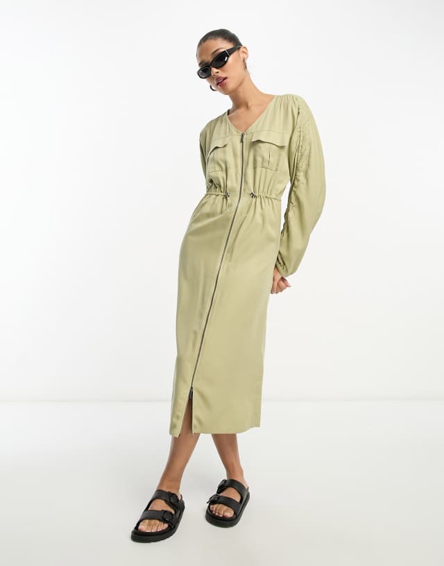 ASOS DESIGN cupro utility midi dress with draw string and pocket detail in sage