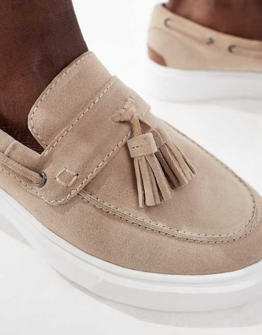 ASOS DESIGN - Mocassins en daim à pampilles et semelle compensée - Taupe 
