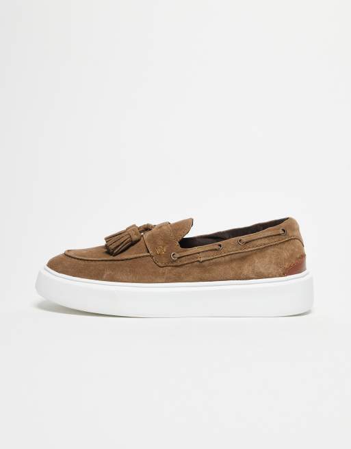 ASOS DESIGN cupsole loafers in taupe suede with tassel