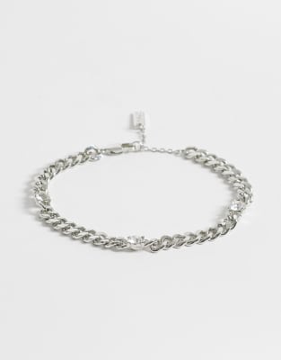 Asos Design Curb Chain Bracelet With Stationed Crystal Faux Stones In Silver