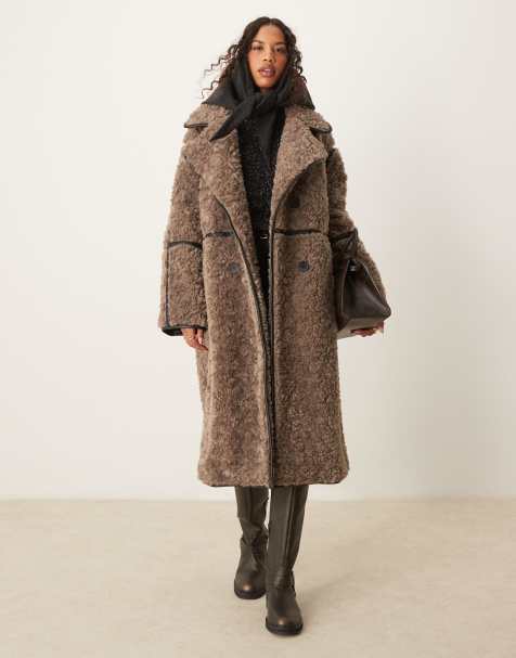 ASOS DESIGN curly borg longline coat in brown - view 1