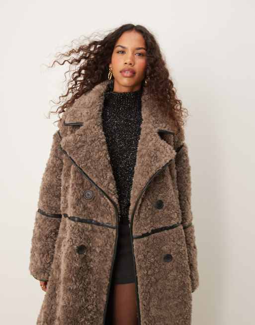ASOS DESIGN curly borg longline coat in brown | ASOS