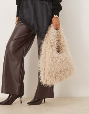 Asos Design Curly Faux Fur Tote Bag In Neutral