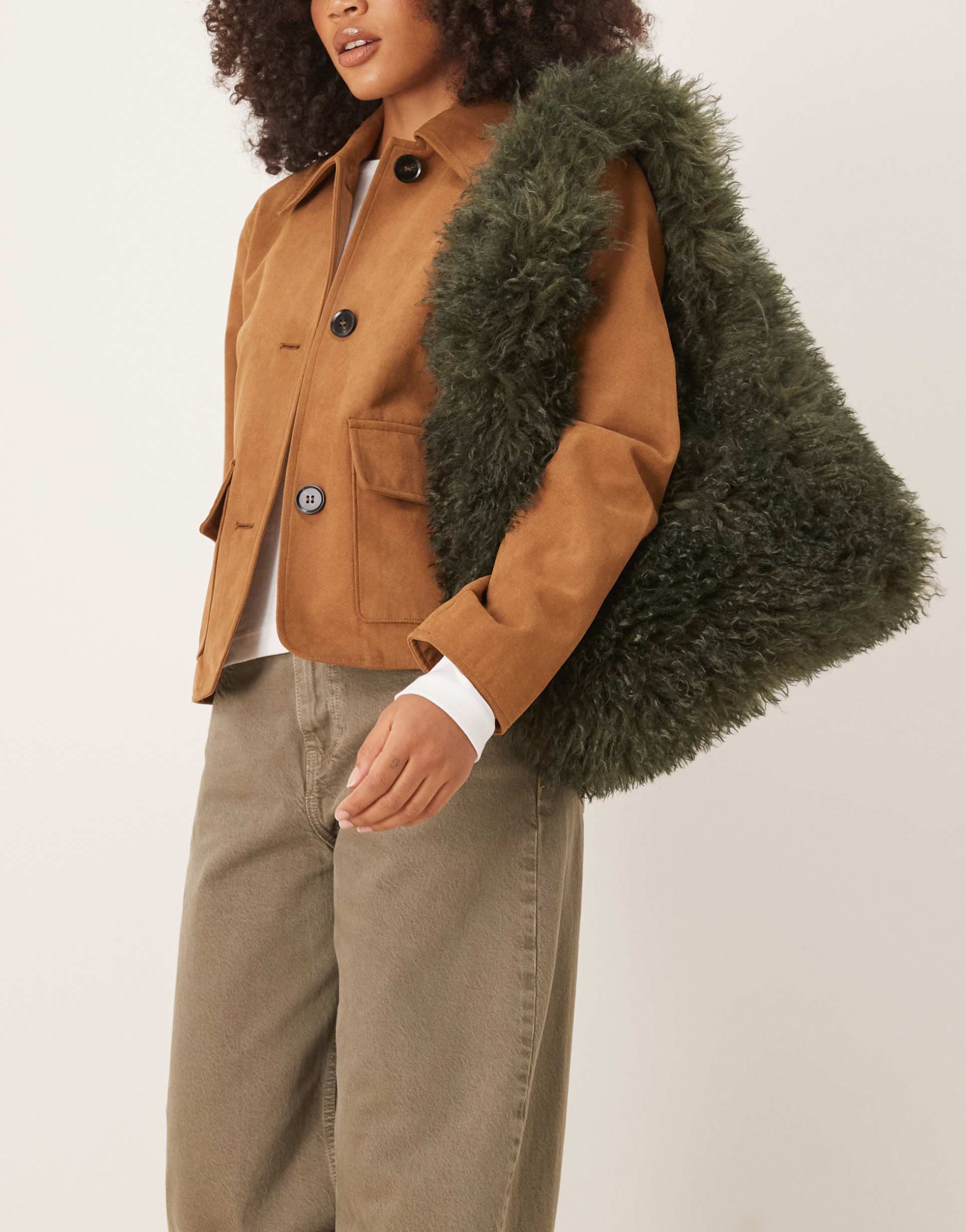 asos design curly faux fur tote bag in khaki green