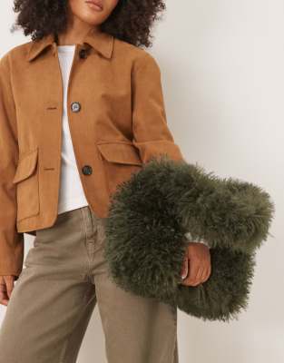 Asos Design Curly Faux Fur Tote Bag In Green
