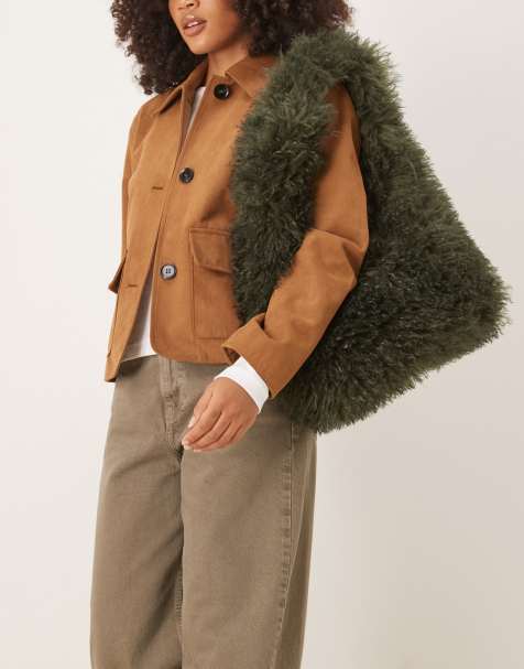 ASOS DESIGN curly faux fur tote bag in khaki - view 1