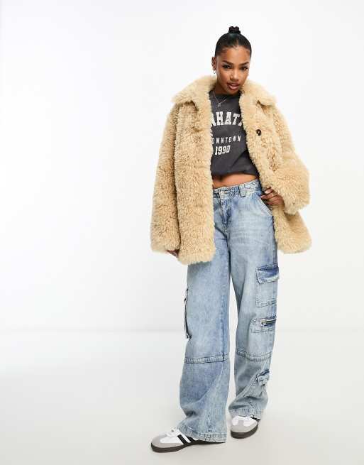 ASOS DESIGN curly faux sheepskin jacket in sand