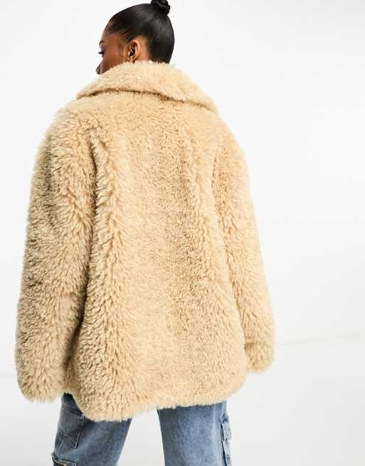 Bershka chunky faux shearling jacket in tan