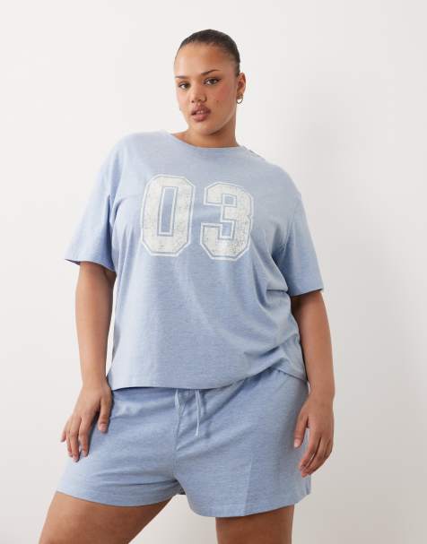 ASOS DESIGN Curve 03 graphic oversized tee and shorts set in blue - view 1