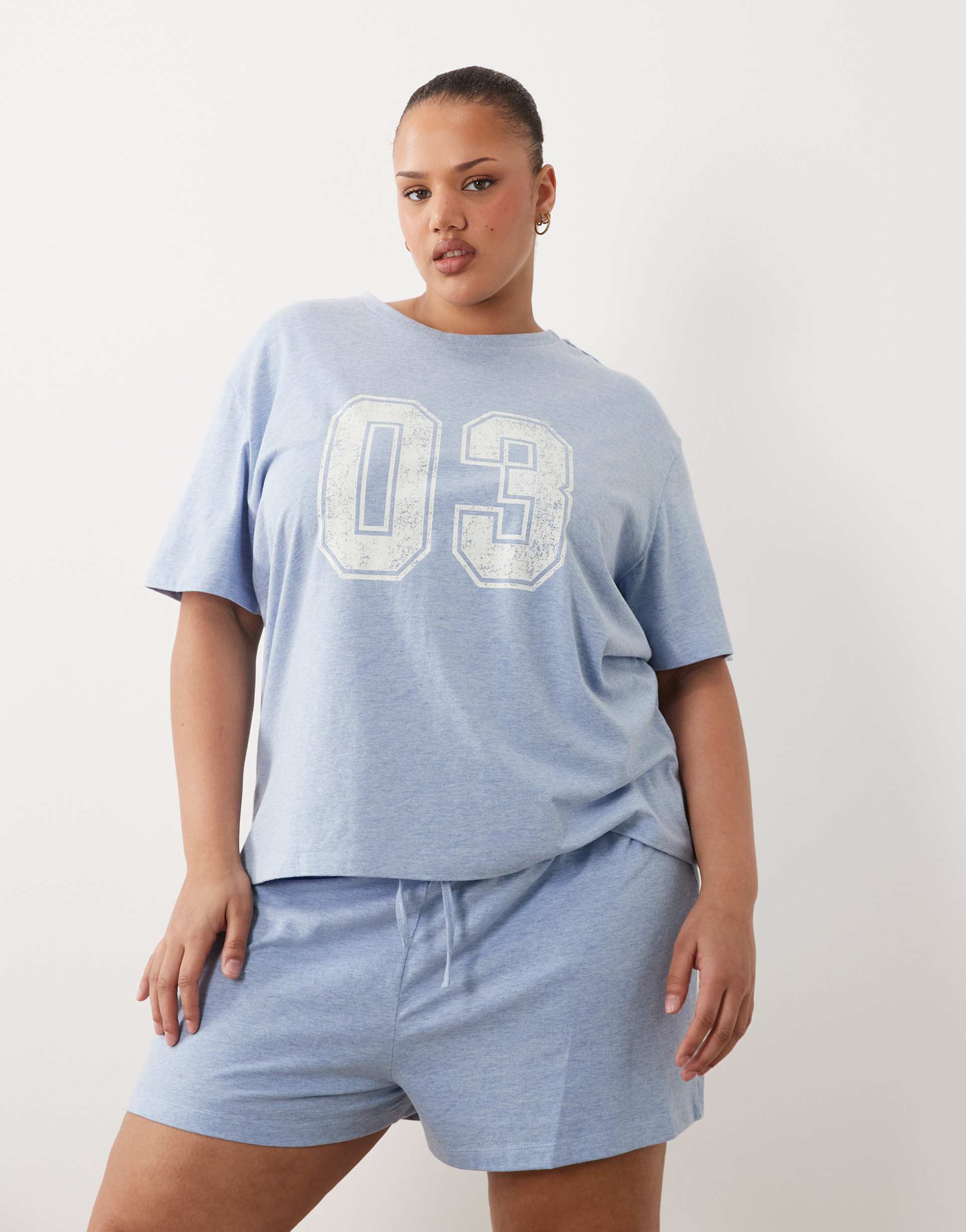 asos design curve 03 graphic oversized tee and shorts set in blue