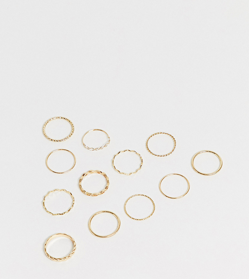 ASOS DESIGN Curve – 12-pack guldtonade ringar med blandade texturer och vridna detaljer