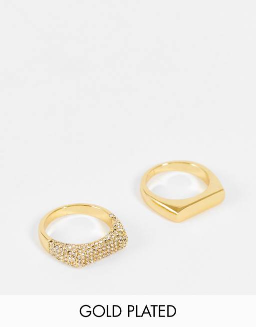 ASOS DESIGN Curve – 14 Karat vergoldeter Ring im 2er-Pack mit glattem Schienendesign und Kristallverzierung