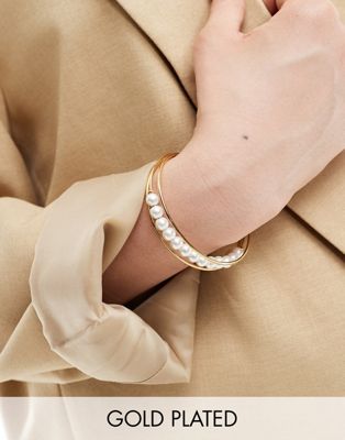 ASOS DESIGN  Curve 14k gold plated cuff bracelet with faux pearl insert