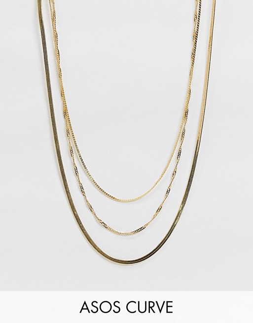 ASOS DESIGN Curve 14k gold plated multirow necklace in fine curb and snake chains