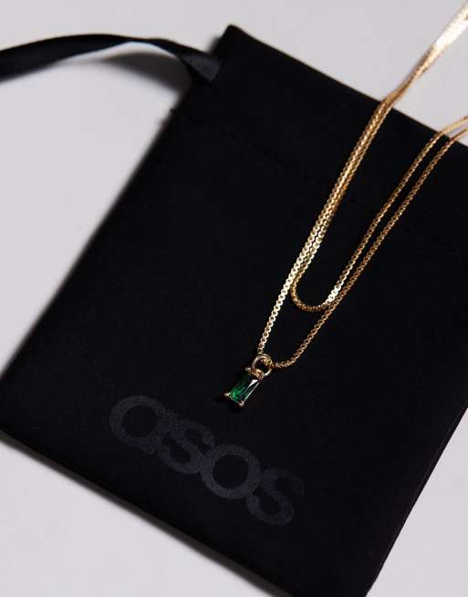 ASOS DESIGN Curve 14k gold plated multirow necklace with emerald green charm with gift bag, 2 of 3