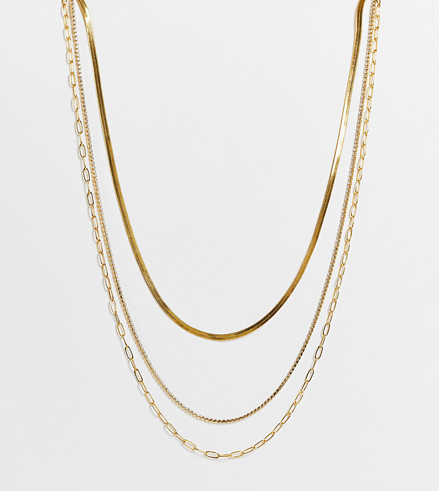 ASOS DESIGN Curve 14k gold plated multirow necklace with fine crystal chains
