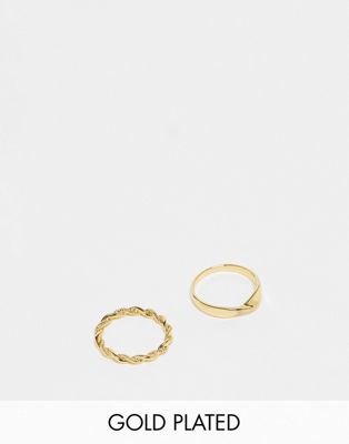 ASOS DESIGN Curve 14k gold plated pack of 2 rings with twist design in gold tone