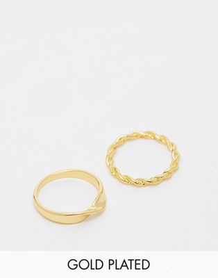ASOS DESIGN Curve 14k gold plated pack of 2 rings with twist design