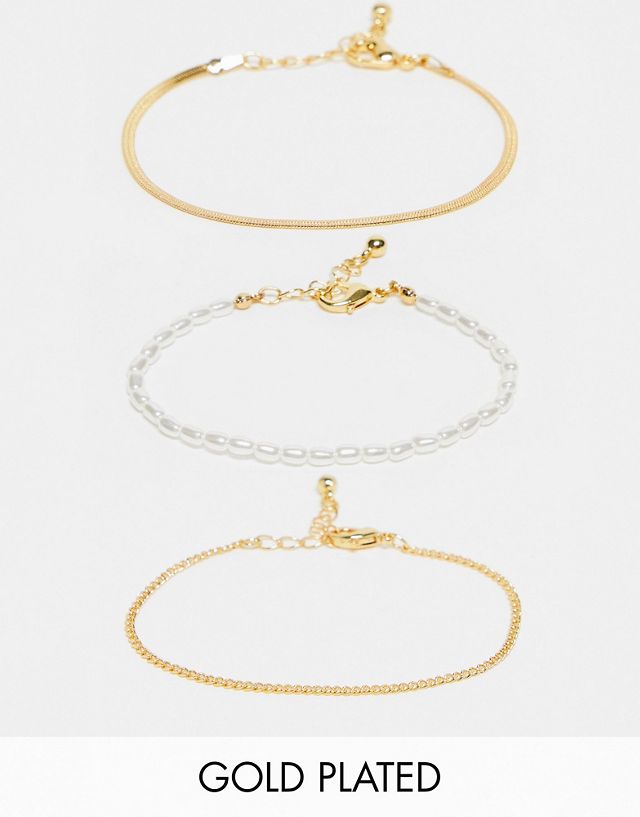 ASOS DESIGN Curve 14k gold plated pack of 3 bracelet with faux pearl and chain in gold tone