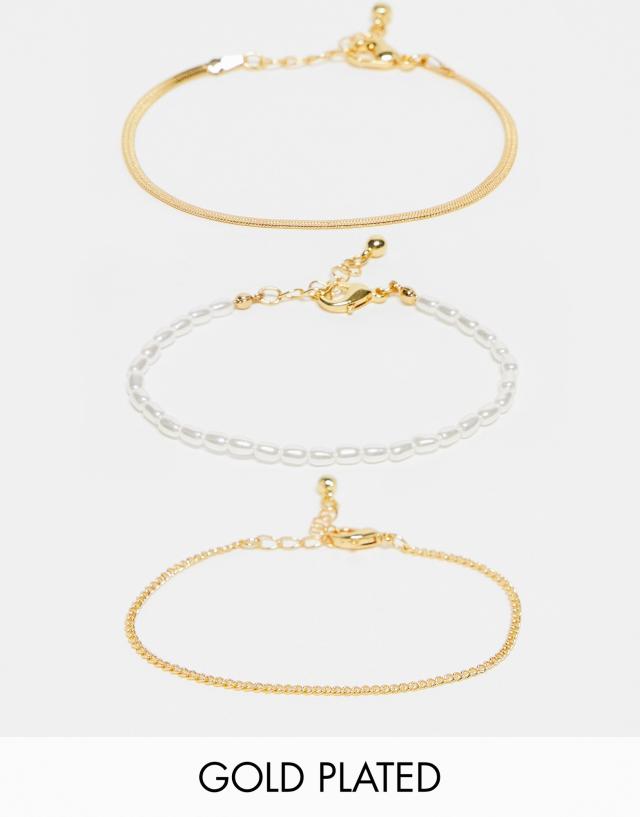 ASOS DESIGN Curve 14k gold plated pack of 3 bracelet with faux pearl and chain in gold tone