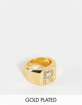 ASOS DESIGN Curve 14k gold plated R initial ring