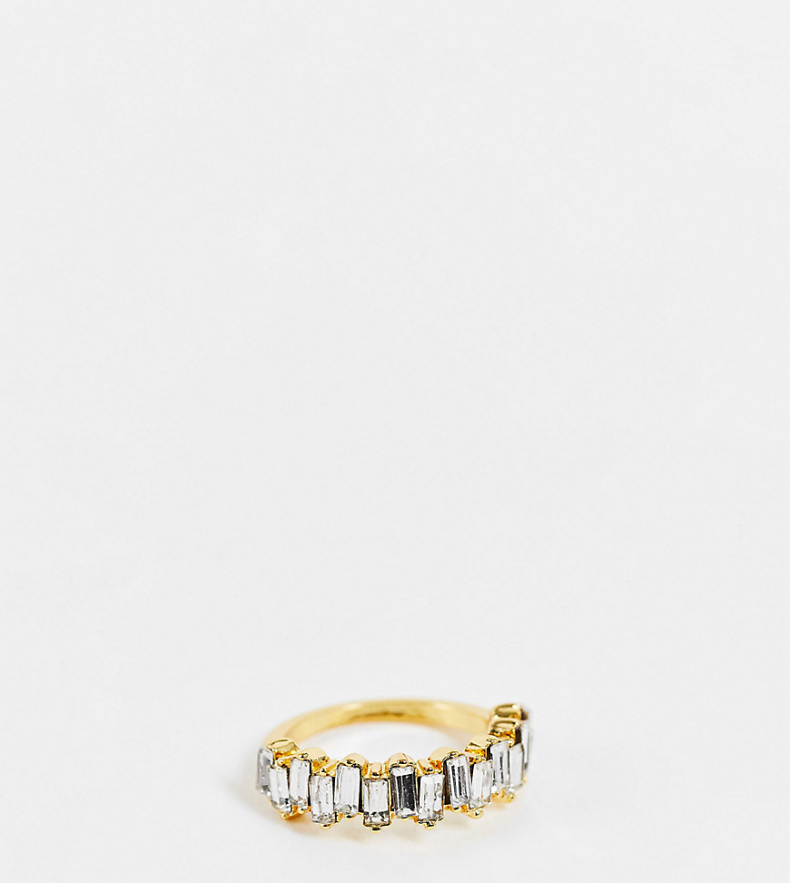 ASOS DESIGN Curve 14k gold plated ring with baguette clear crystals