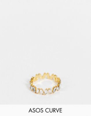 ASOS DESIGN Curve 14k gold plated ring with baguette crystals