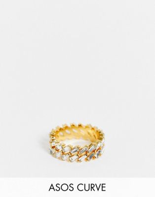 ASOS DESIGN Curve 14k  gold plated ring with diagonal baguette crystals