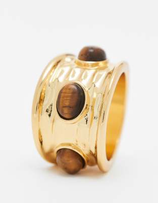 ASOS CURVE ASOS DESIGN CURVE 14K GOLD PLATED RING WITH REAL TIGERS EYE SEMI PRECIOUS STONE DESIGN 