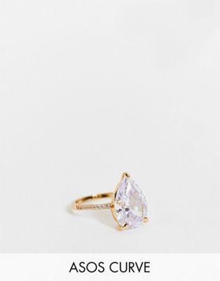 ASOS DESIGN Curve 14k gold plated ring with teardrop crystal