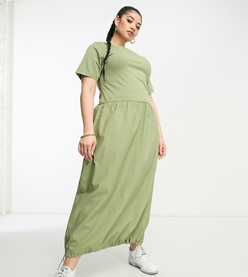 Asos Curve Asos Design Curve 2-in-1 Crew Neck T-shirt Midi Dress With Cargo Skirt In Khaki-green