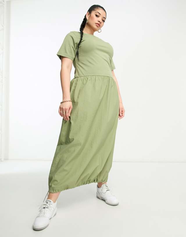 ASOS DESIGN Curve 2-in-1 crew neck T-shirt midi dress with cargo skirt in khaki