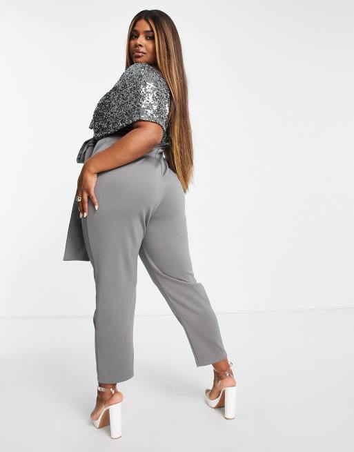 ASOS DESIGN Curve - 2 in 1 jumpsuit met verlaagde schouder en lovertjes in tin, 2 van 4
