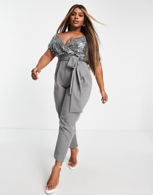 ASOS DESIGN Curve - 2 in 1 jumpsuit met verlaagde schouder en lovertjes in tin, 3 van 4