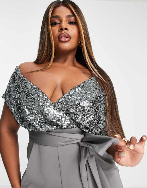 ASOS DESIGN Curve - 2 in 1 jumpsuit met verlaagde schouder en lovertjes in tin, 4 van 4