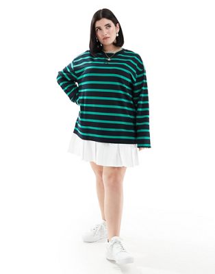ASOS DESIGN Curve 2 in 1 long sleeve sweat dress with pleat skirt in stripe