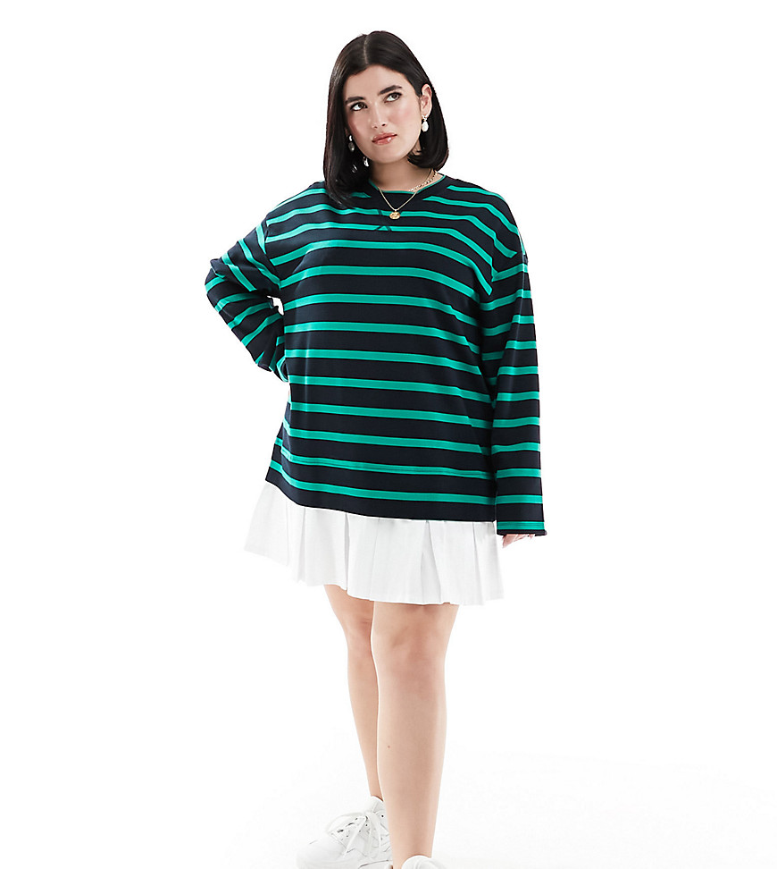 ASOS DESIGN Curve 2 in 1 long sleeve sweat dress with pleat skirt in stripe-Multi