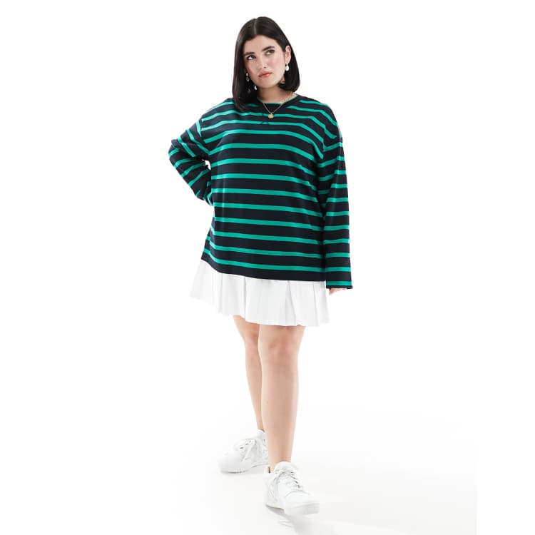 ASOS DESIGN Curve 2 in 1 long sleeve sweat dress with pleat skirt in stripe