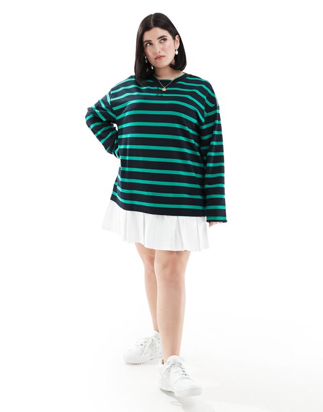 ASOS Curve - ASOS DESIGN Curve 2 in 1 long sleeve sweat dress with pleat skirt in stripe