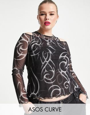 ASOS DESIGN Curve 2 in 1 long sleeve top with cut out shoulder in mesh tattoo print