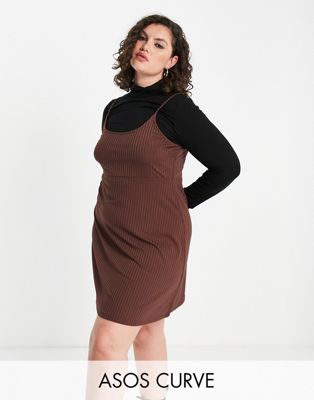 ASOS DESIGN Curve 2 in 1 mini long sleeve dress with roll neck and slip in brown and black